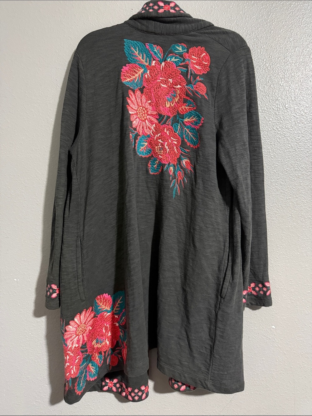 J. Jill open front boho cardigan duster with Pink & Teal Floral Embroidery
